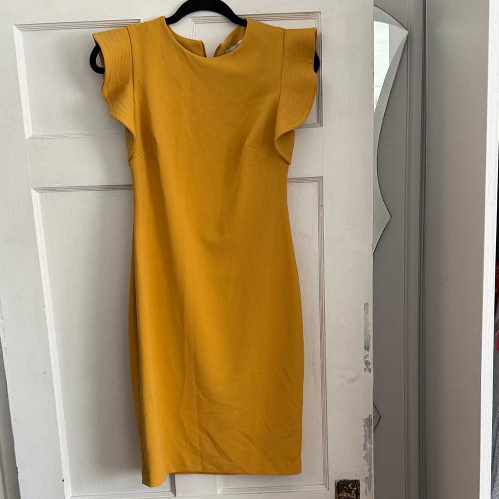 Calvin Klein Mustard Flutter-Sleeve Midi Dress